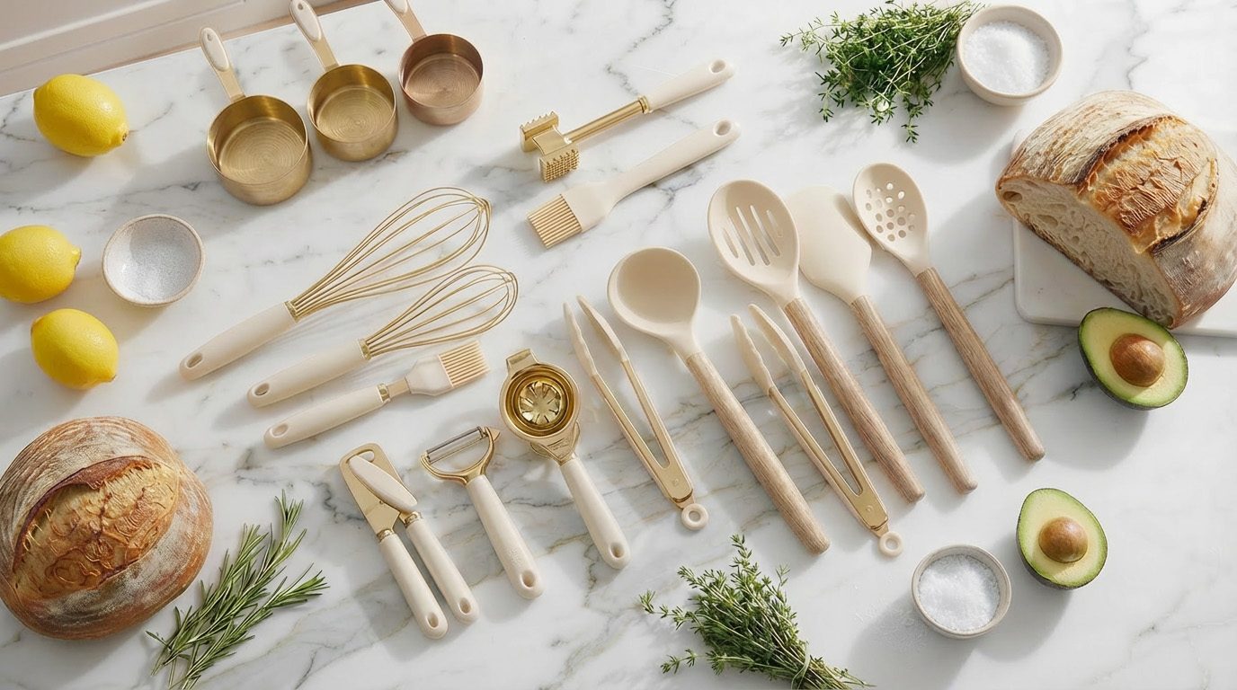 Complete product collection flat lay on marble surface